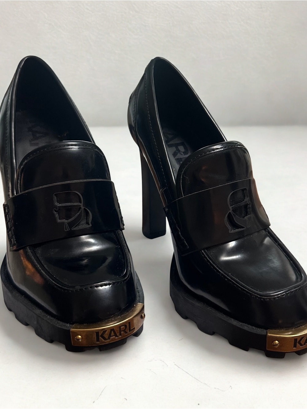 Karl Lagerfeld Dark Green Patent Platform Heeled Loafers with Gold Toe
